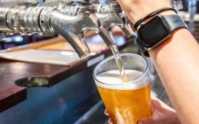 Settlers_Tavern_Food_OBJ886851 A person pours beer from a tap into a glass at a bar.