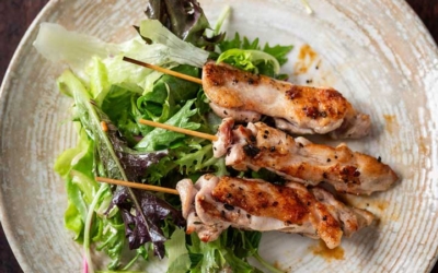 Settlers_Tavern_Food_OBJ887151 Grilled chicken skewers on a bed of mixed greens on a ceramic plate.