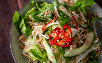 Settlers_Tavern_Food_OBJ887155 A bowl of salad with lettuce, cucumber, bean sprouts, red chili slices, peanuts, and cilantro on a wooden table.