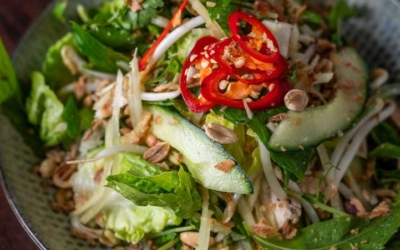 Settlers_Tavern_Food_OBJ887157 A plate of Vietnamese chicken salad with lettuce, cucumber, red chili slices, bean sprouts, and crushed peanuts on a wooden table.
