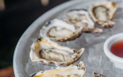 Settlers_Tavern_Food_OBJ887344 A plate of six raw oysters on ice with a small bowl of red sauce on the side.